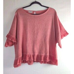Cadenza Italy Women’s Linen Blend Top Blouse Ruffle Hem Sleeve Coral Pink Size L
